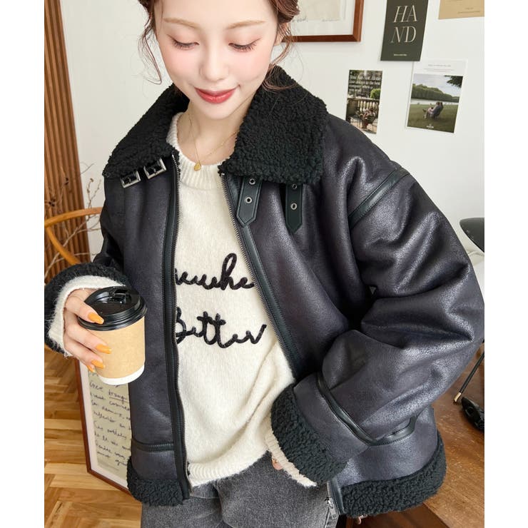 フェイクレザー×ボアフェイクムートンフライトジャケットブルゾン | moment+ | 詳細画像24 