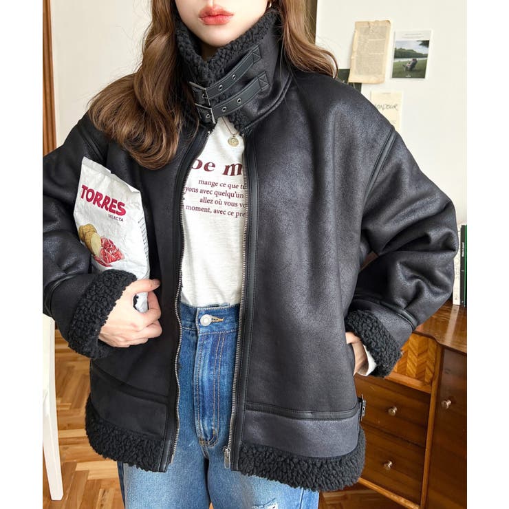 フェイクレザー×ボアフェイクムートンフライトジャケットブルゾン | moment+ | 詳細画像31 