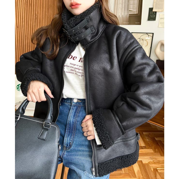 フェイクレザー×ボアフェイクムートンフライトジャケットブルゾン | moment+ | 詳細画像32 