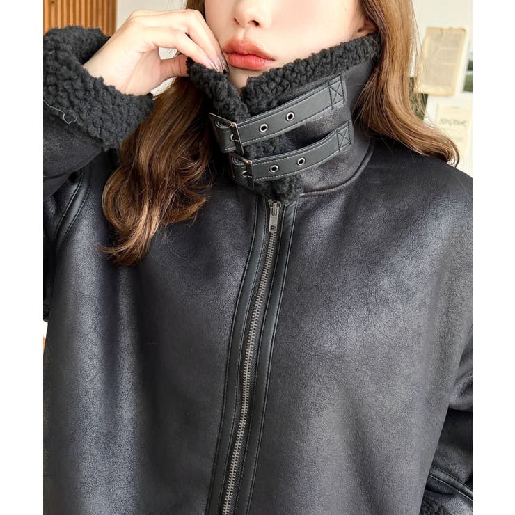 フェイクレザー×ボアフェイクムートンフライトジャケットブルゾン | moment+ | 詳細画像33 