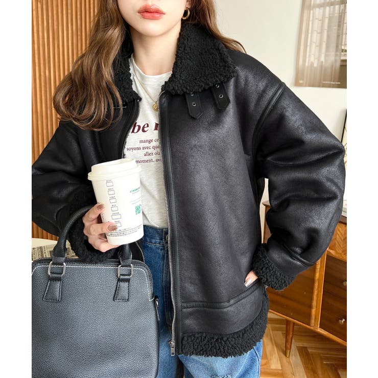 フェイクレザー×ボアフェイクムートンフライトジャケットブルゾン | moment+ | 詳細画像34 