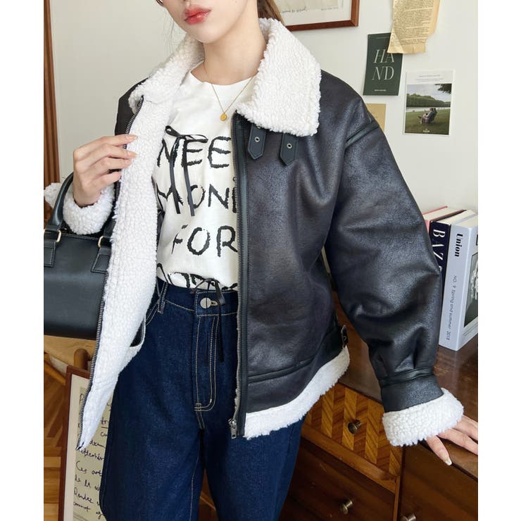 フェイクレザー×ボアフェイクムートンフライトジャケットブルゾン | moment+ | 詳細画像6 