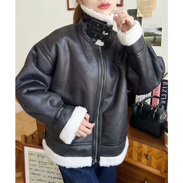 フェイクレザー×ボアフェイクムートンフライトジャケットブルゾン | moment+ | 詳細画像8 