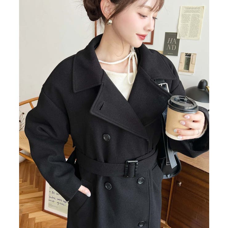 ブラック | 2WAYカラーアレンジロングトレンチコートニットメルトン | moment+