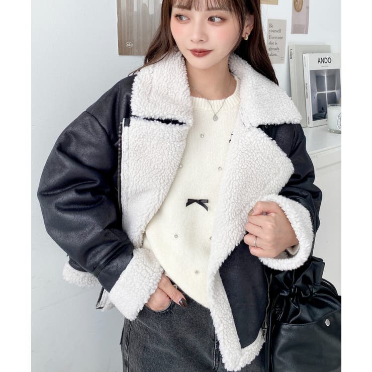 フェイクレザー×ボアフェイクムートンライダースジャケットブルゾン | moment+ | 詳細画像11 