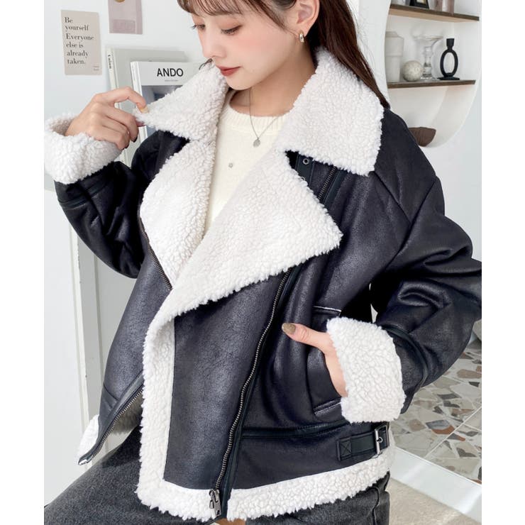 フェイクレザー×ボアフェイクムートンライダースジャケットブルゾン | moment+ | 詳細画像12 