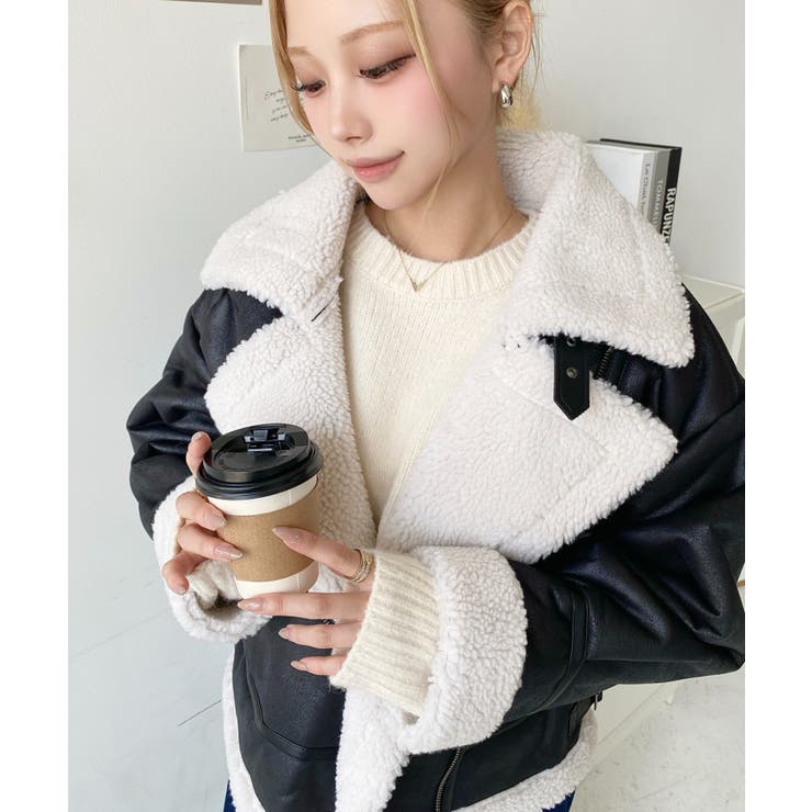 フェイクレザー×ボアフェイクムートンライダースジャケットブルゾン | moment+ | 詳細画像15 