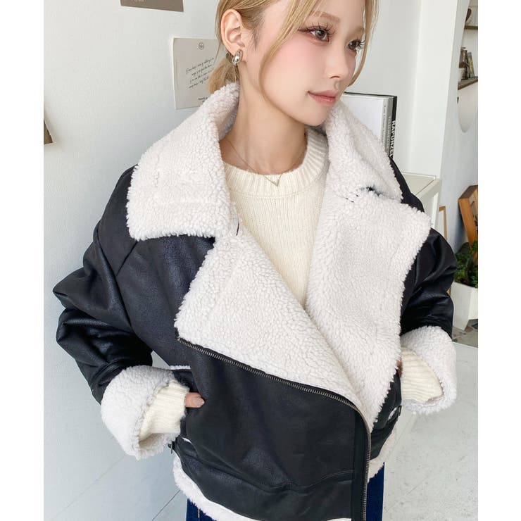 フェイクレザー×ボアフェイクムートンライダースジャケットブルゾン | moment+ | 詳細画像16 