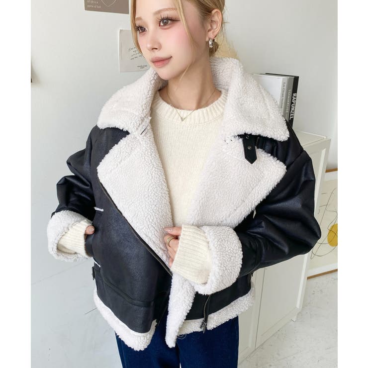 フェイクレザー×ボアフェイクムートンライダースジャケットブルゾン