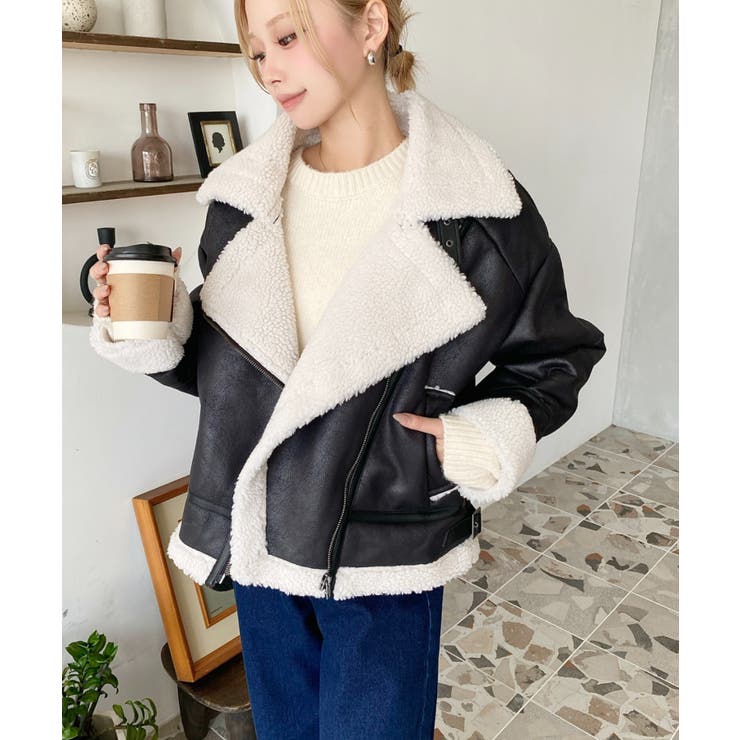 フェイクレザー×ボアフェイクムートンライダースジャケットブルゾン | moment+ | 詳細画像18 