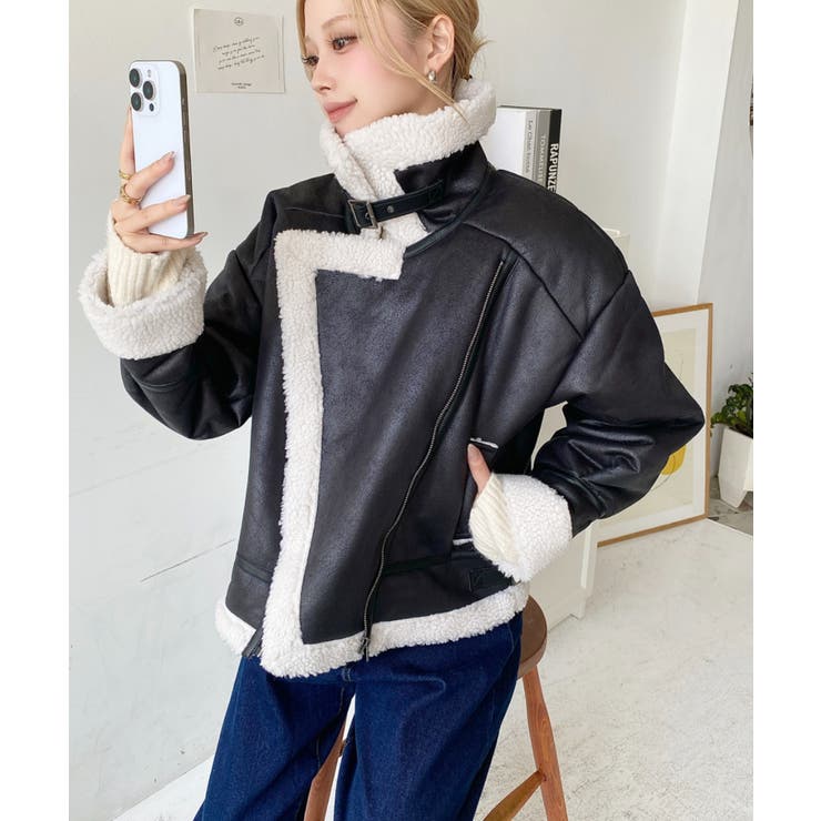 フェイクレザー×ボアフェイクムートンライダースジャケットブルゾン | moment+ | 詳細画像19 