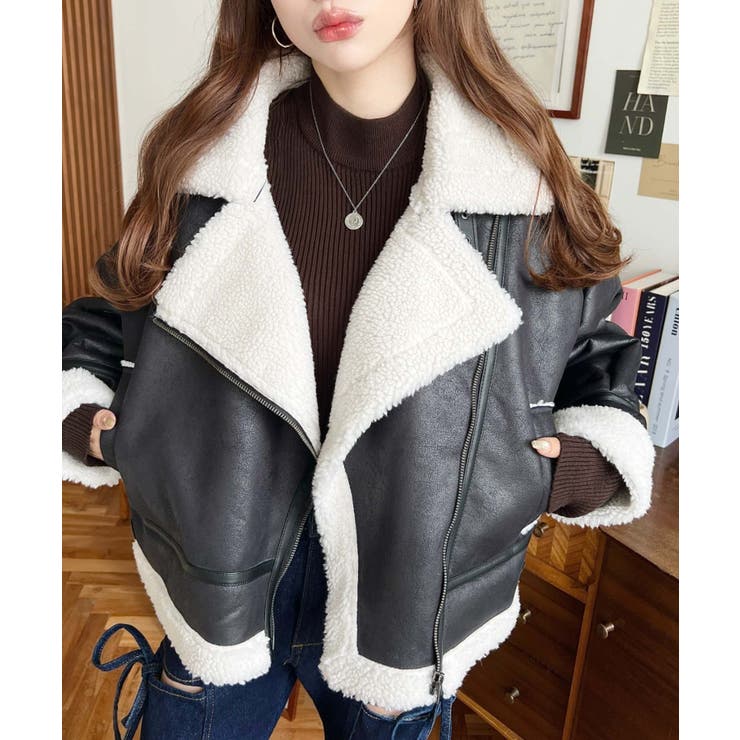 フェイクレザー×ボアフェイクムートンライダースジャケットブルゾン | moment+ | 詳細画像2 