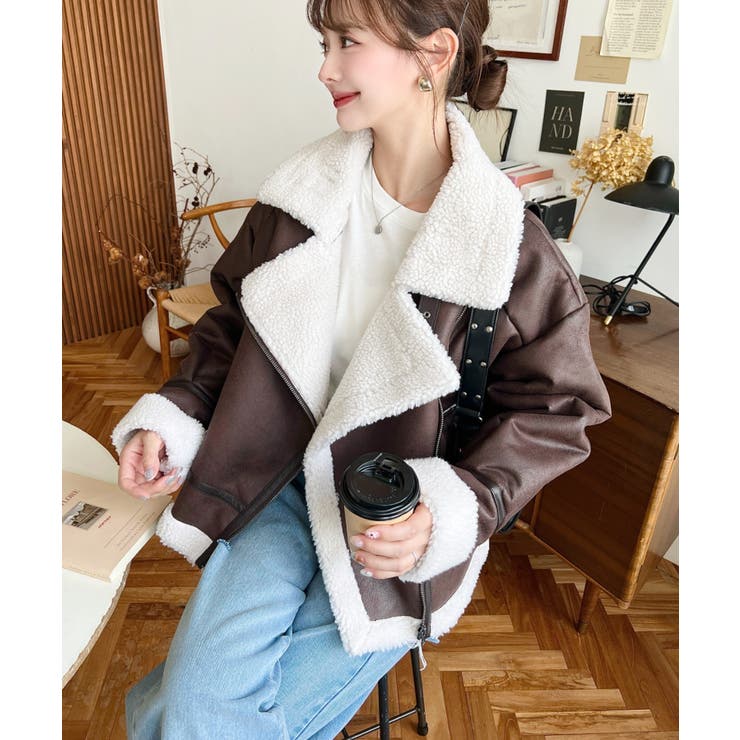 フェイクレザー×ボアフェイクムートンライダースジャケットブルゾン | moment+ | 詳細画像21 