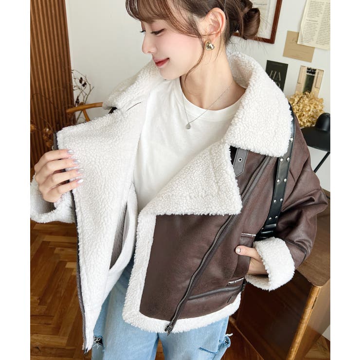 フェイクレザー×ボアフェイクムートンライダースジャケットブルゾン | moment+ | 詳細画像22 