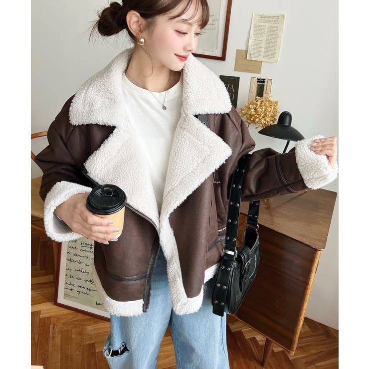 フェイクレザー×ボアフェイクムートンライダースジャケットブルゾン | moment+ | 詳細画像23 