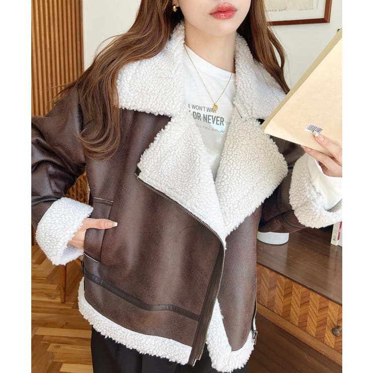 フェイクレザー×ボアフェイクムートンライダースジャケットブルゾン | moment+ | 詳細画像26 