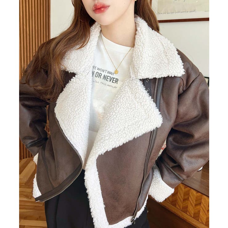 フェイクレザー×ボアフェイクムートンライダースジャケットブルゾン | moment+ | 詳細画像27 