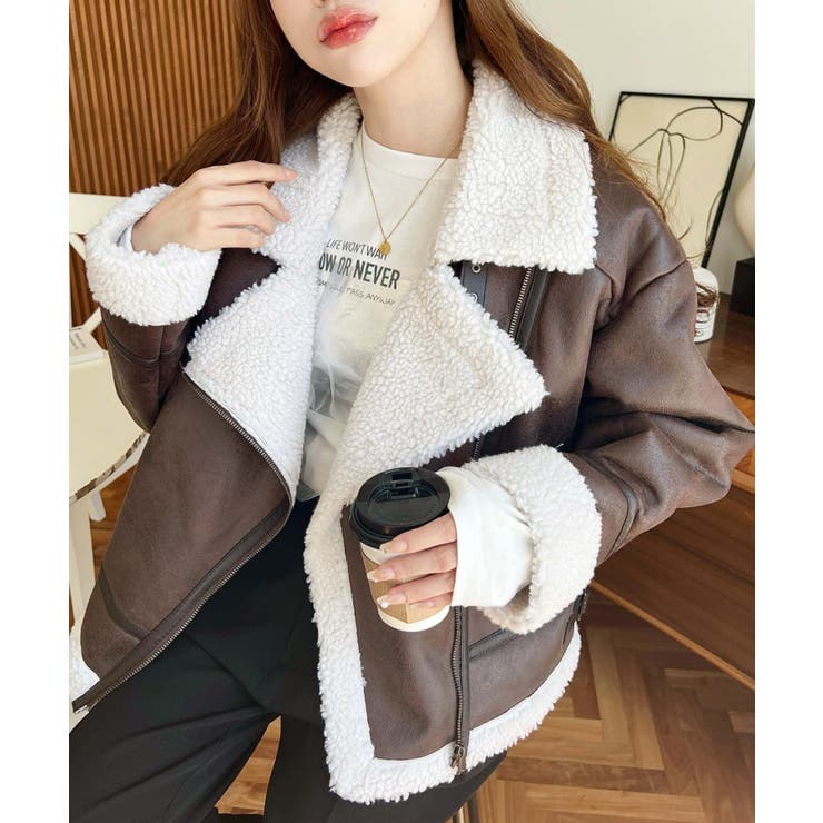 フェイクレザー×ボアフェイクムートンライダースジャケットブルゾン | moment+ | 詳細画像28 