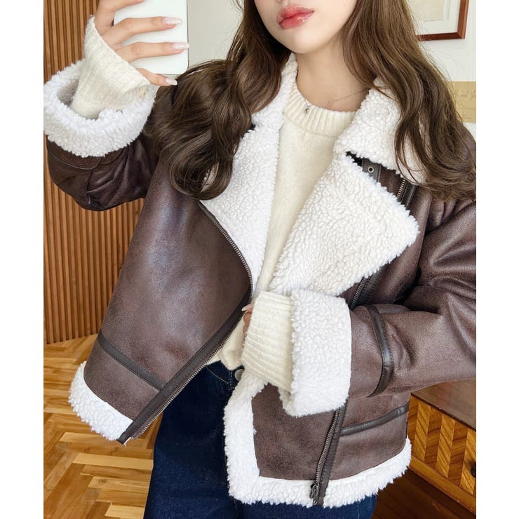 フェイクレザー×ボアフェイクムートンライダースジャケットブルゾン | moment+ | 詳細画像29 