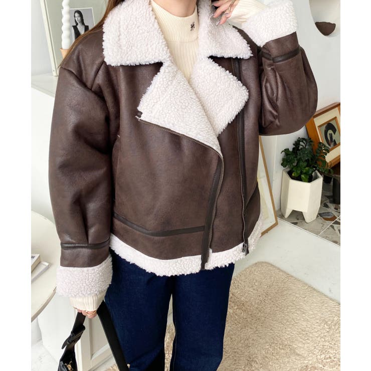 フェイクレザー×ボアフェイクムートンライダースジャケットブルゾン | moment+ | 詳細画像31 