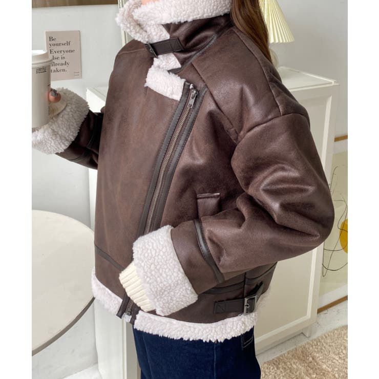 フェイクレザー×ボアフェイクムートンライダースジャケットブルゾン | moment+ | 詳細画像33 