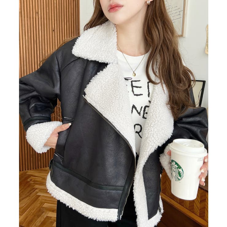 フェイクレザー×ボアフェイクムートンライダースジャケットブルゾン | moment+ | 詳細画像5 