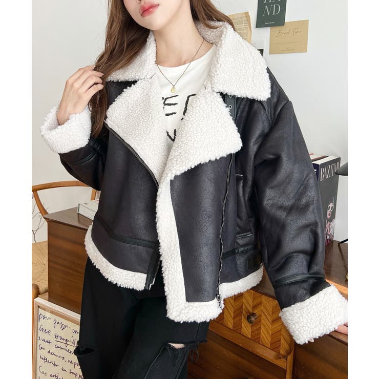 フェイクレザー×ボアフェイクムートンライダースジャケットブルゾン