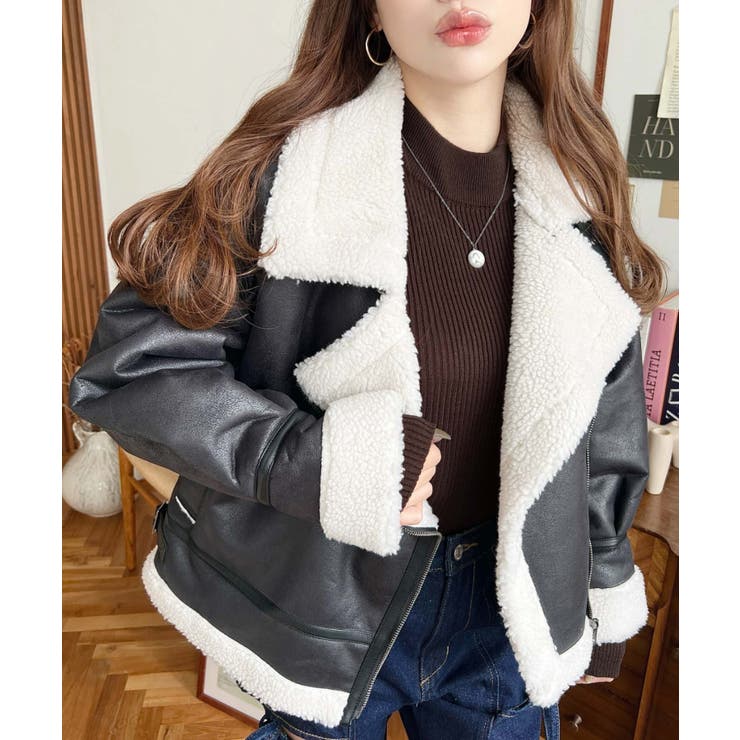 ブラック | フェイクレザー×ボアフェイクムートンライダースジャケットブルゾン | moment+