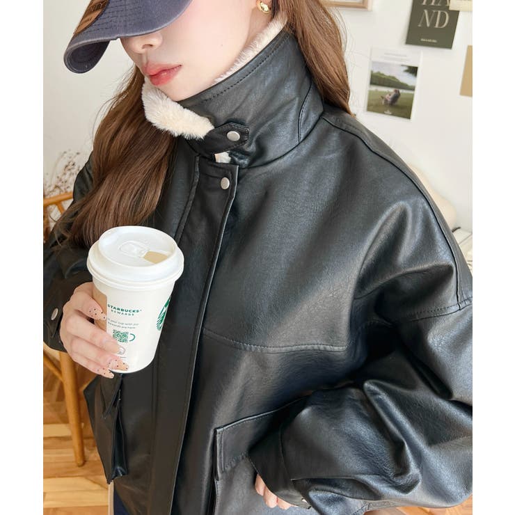 取外し可能ファーティペット付きヴィンテージライクマットフェイクレザーブルゾン | moment+ | 詳細画像10 