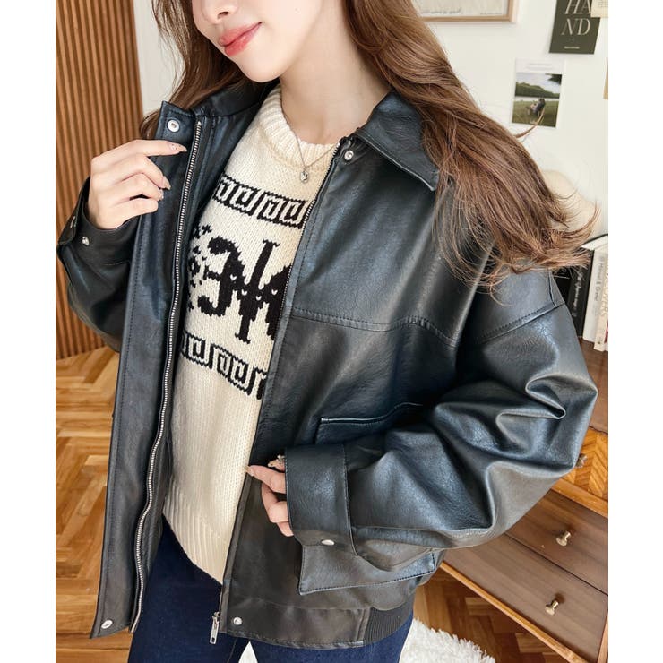 取外し可能ファーティペット付きヴィンテージライクマットフェイクレザーブルゾン | moment+ | 詳細画像12 