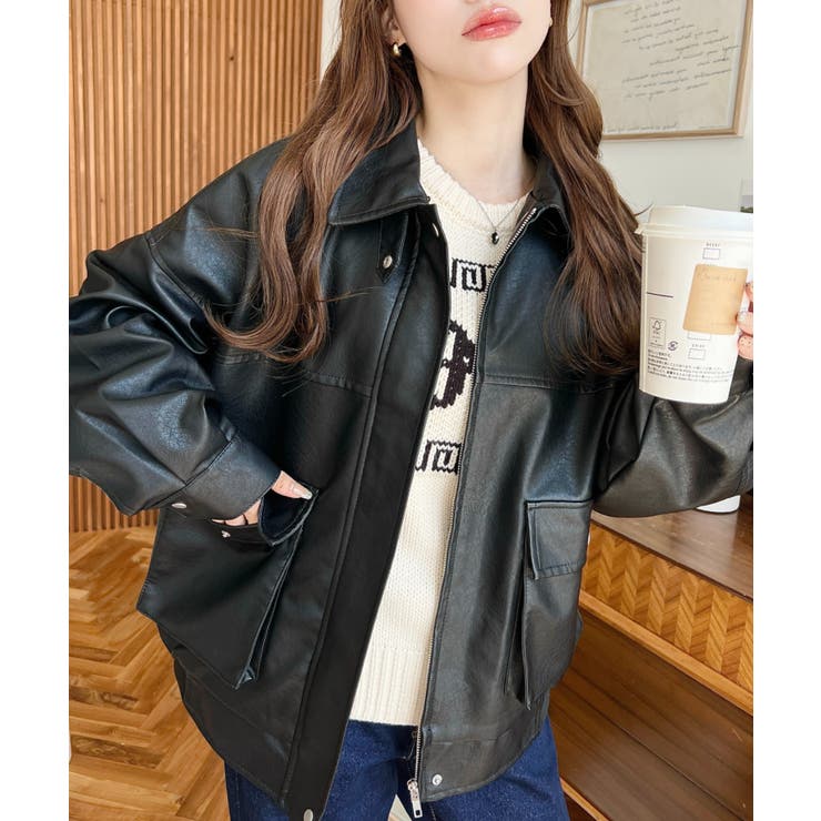 取外し可能ファーティペット付きヴィンテージライクマットフェイクレザーブルゾン | moment+ | 詳細画像13 