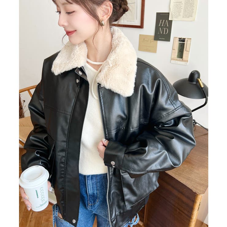 Didot.showroom★オーバーフィットフェイクレザーブルゾン 取外し可能ファーティペット付きヴィンテージライクマット