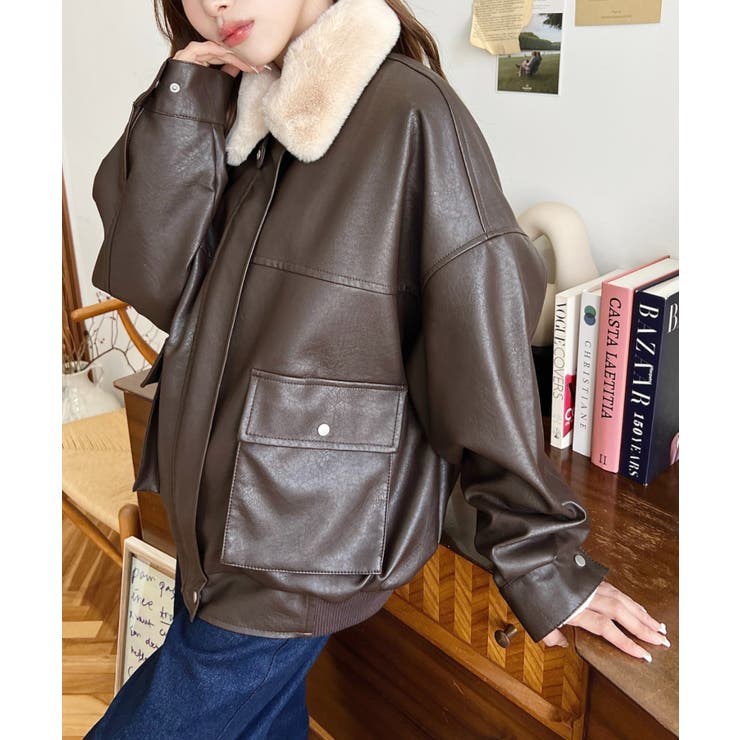 取外し可能ファーティペット付きヴィンテージライクマットフェイクレザーブルゾン | moment+ | 詳細画像33 