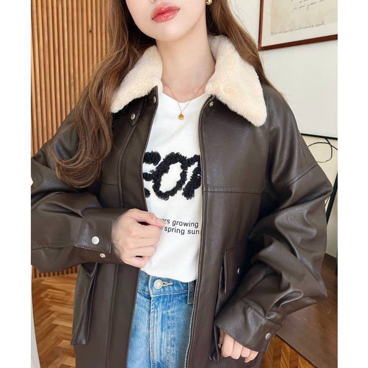 取外し可能ファーティペット付きヴィンテージライクマットフェイクレザーブルゾン | moment+ | 詳細画像35 