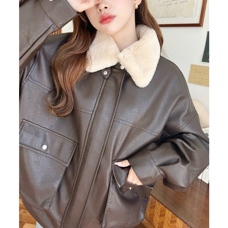 取外し可能ファーティペット付きヴィンテージライクマットフェイクレザーブルゾン | moment+ | 詳細画像38 