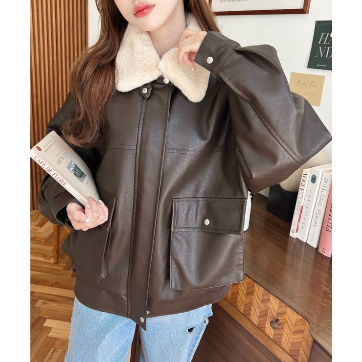 取外し可能ファーティペット付きヴィンテージライクマットフェイクレザーブルゾン | moment+ | 詳細画像39 