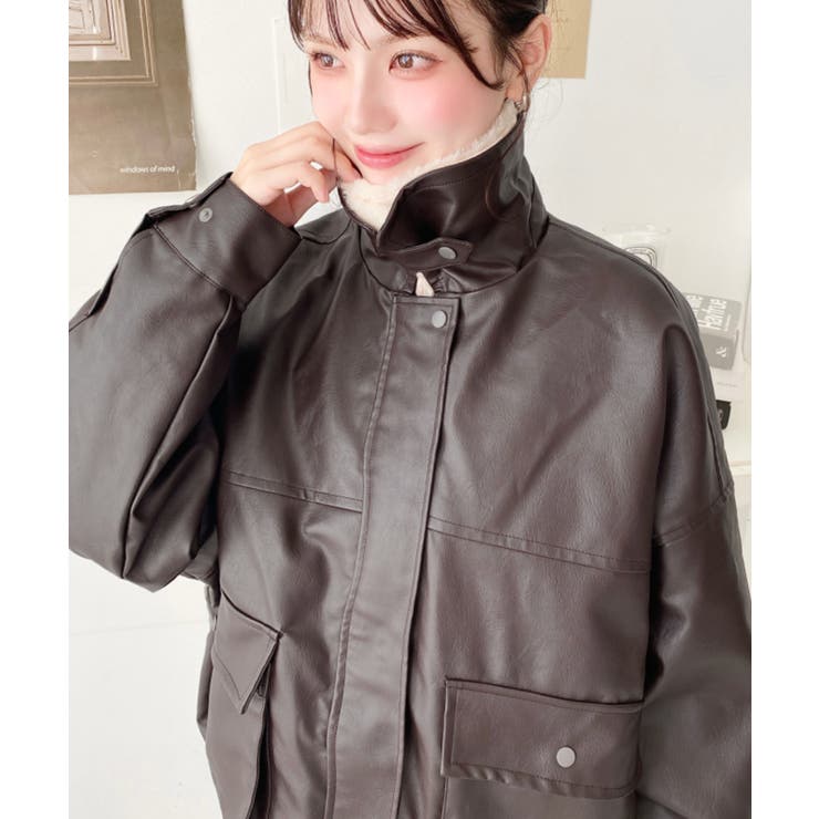 取外し可能ファーティペット付きヴィンテージライクマットフェイクレザーブルゾン | moment+ | 詳細画像44 