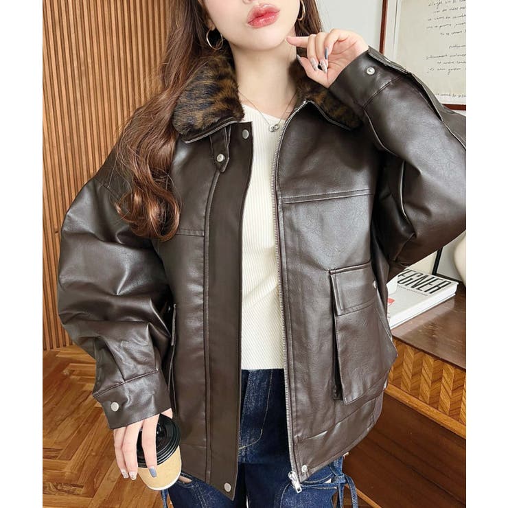 取外し可能ファーティペット付きヴィンテージライクマットフェイクレザーブルゾン | moment+ | 詳細画像45 