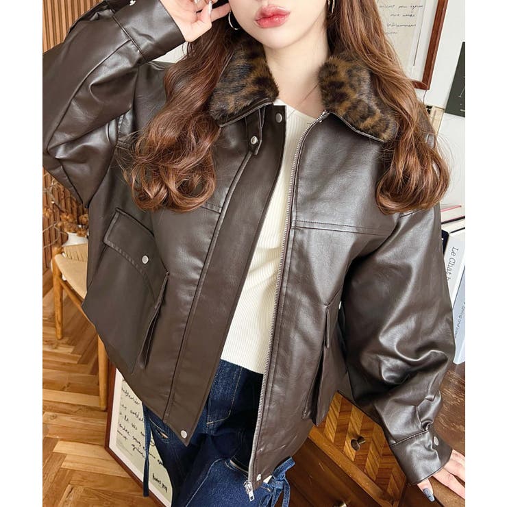 取外し可能ファーティペット付きヴィンテージライクマットフェイクレザーブルゾン | moment+ | 詳細画像46 