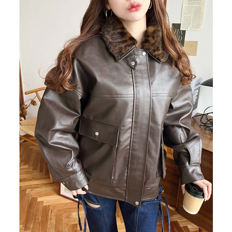 取外し可能ファーティペット付きヴィンテージライクマットフェイクレザーブルゾン | moment+ | 詳細画像48 