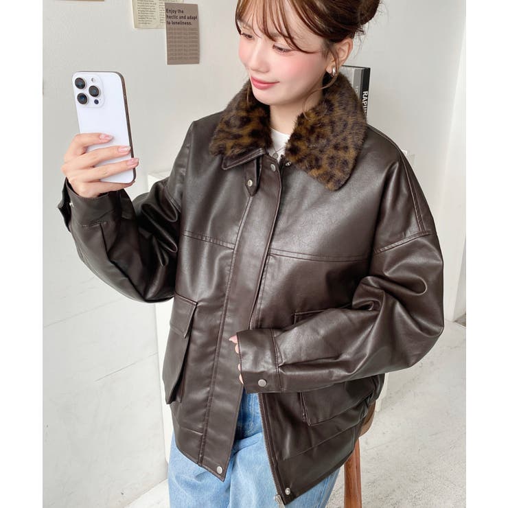 取外し可能ファーティペット付きヴィンテージライクマットフェイクレザーブルゾン | moment+ | 詳細画像51 