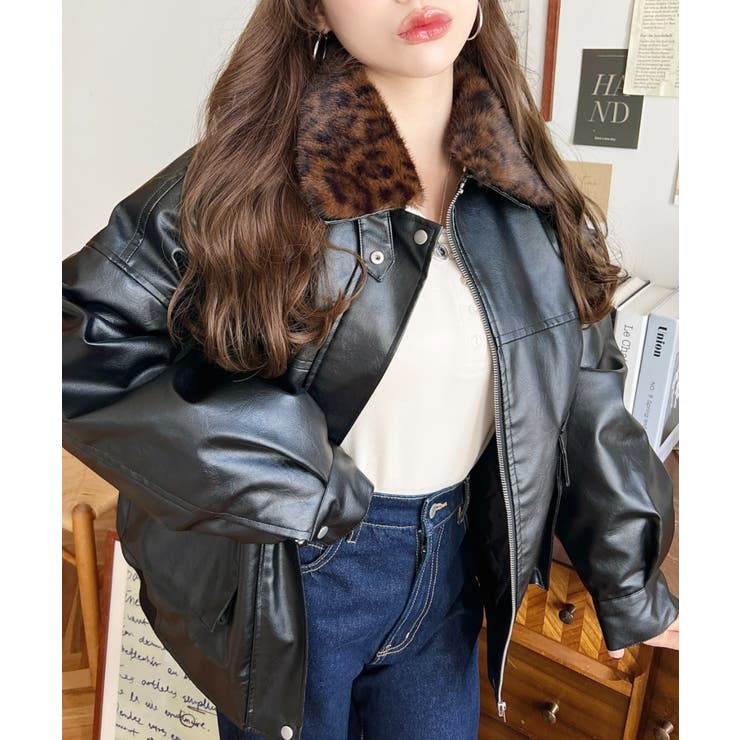 取外し可能ファーティペット付きヴィンテージライクマットフェイクレザーブルゾン | moment+ | 詳細画像53 