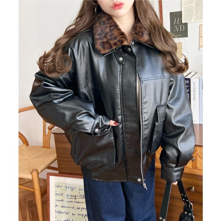 取外し可能ファーティペット付きヴィンテージライクマットフェイクレザーブルゾン | moment+ | 詳細画像56 