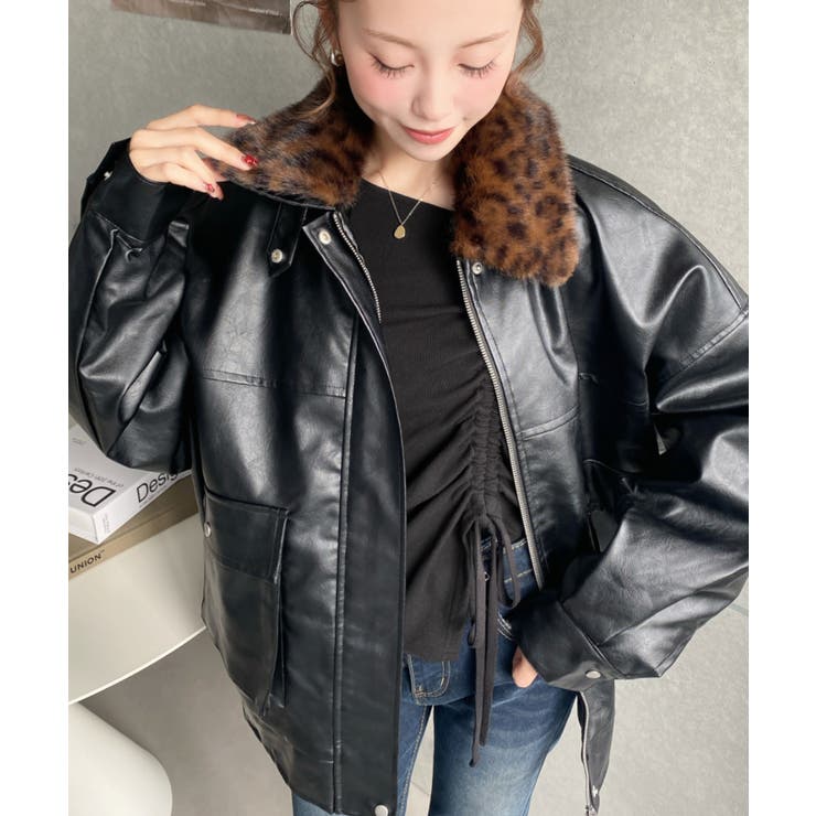 取外し可能ファーティペット付きヴィンテージライクマットフェイクレザーブルゾン | moment+ | 詳細画像57 