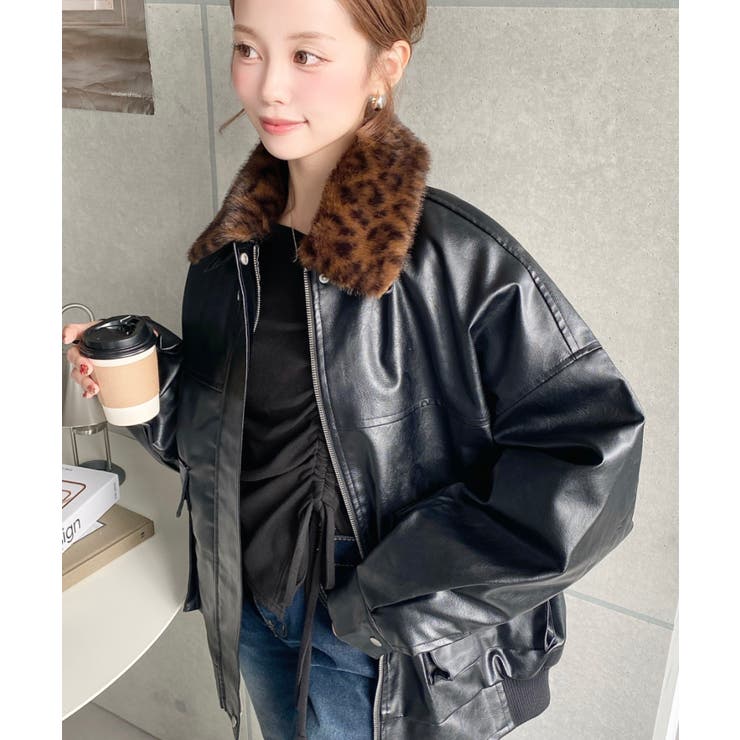 取外し可能ファーティペット付きヴィンテージライクマットフェイクレザーブルゾン | moment+ | 詳細画像60 