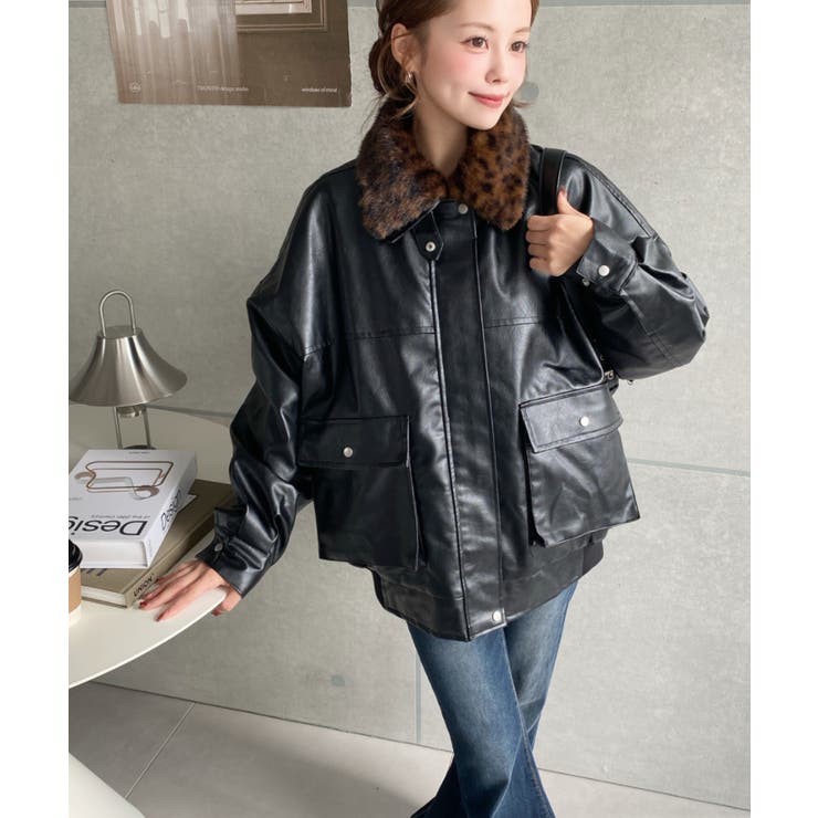 取外し可能ファーティペット付きヴィンテージライクマットフェイクレザーブルゾン | moment+ | 詳細画像61 