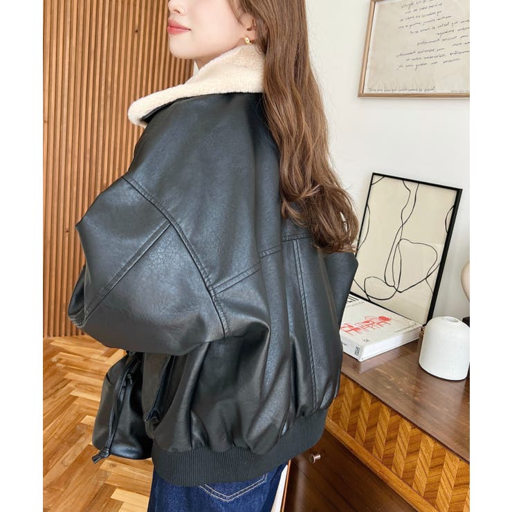 取外し可能ファーティペット付きヴィンテージライクマットフェイクレザーブルゾン | moment+ | 詳細画像7 