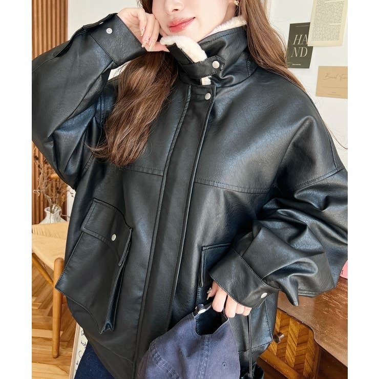 取外し可能ファーティペット付きヴィンテージライクマットフェイクレザーブルゾン | moment+ | 詳細画像8 