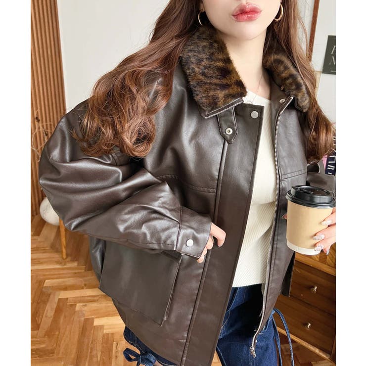 ブラウン系 | 取外し可能ファーティペット付きヴィンテージライクマットフェイクレザーブルゾン | moment+