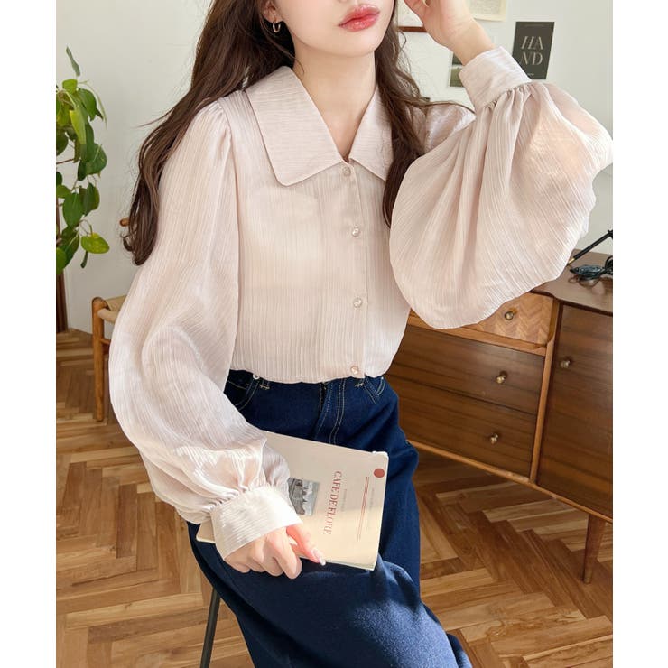 シアーランダムプリーツレトロカラーボリュームスリーブブラウス | moment+ | 詳細画像15 